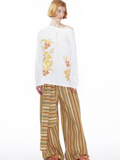 YOSHUYUKI Floral Print Off Shoulder Loose Long Sleeve Top