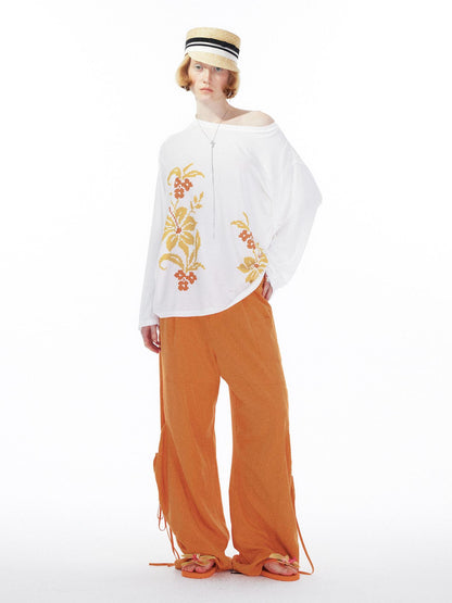 YOSHUYUKI Floral Print Off Shoulder Loose Long Sleeve Top