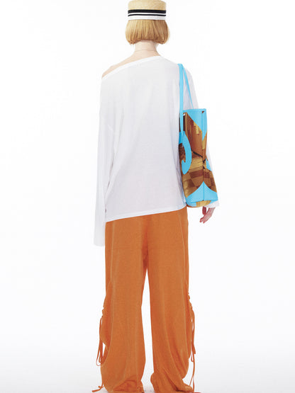 YOSHUYUKI Floral Print Off Shoulder Loose Long Sleeve Top