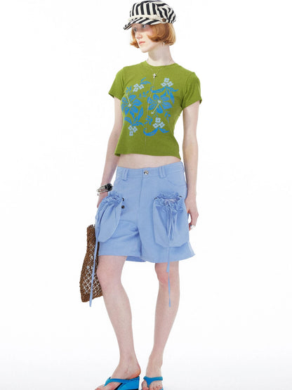 Floral Print Pixel Art Tee In Apple Green