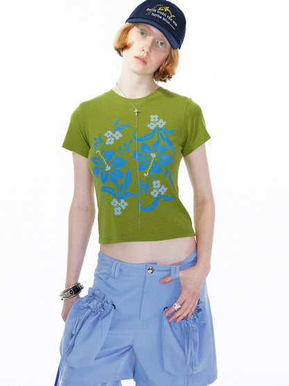 Floral Print Pixel Art Tee In Apple Green