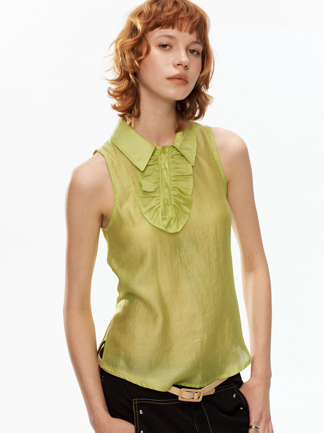 YOSHUYUKI Fruit Green Lace Trim Asymmetrical Placket H Line Women&