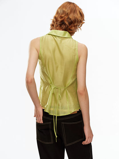 YOSHUYUKI Fruit Green Lace Trim Asymmetrical Placket H Line Women&