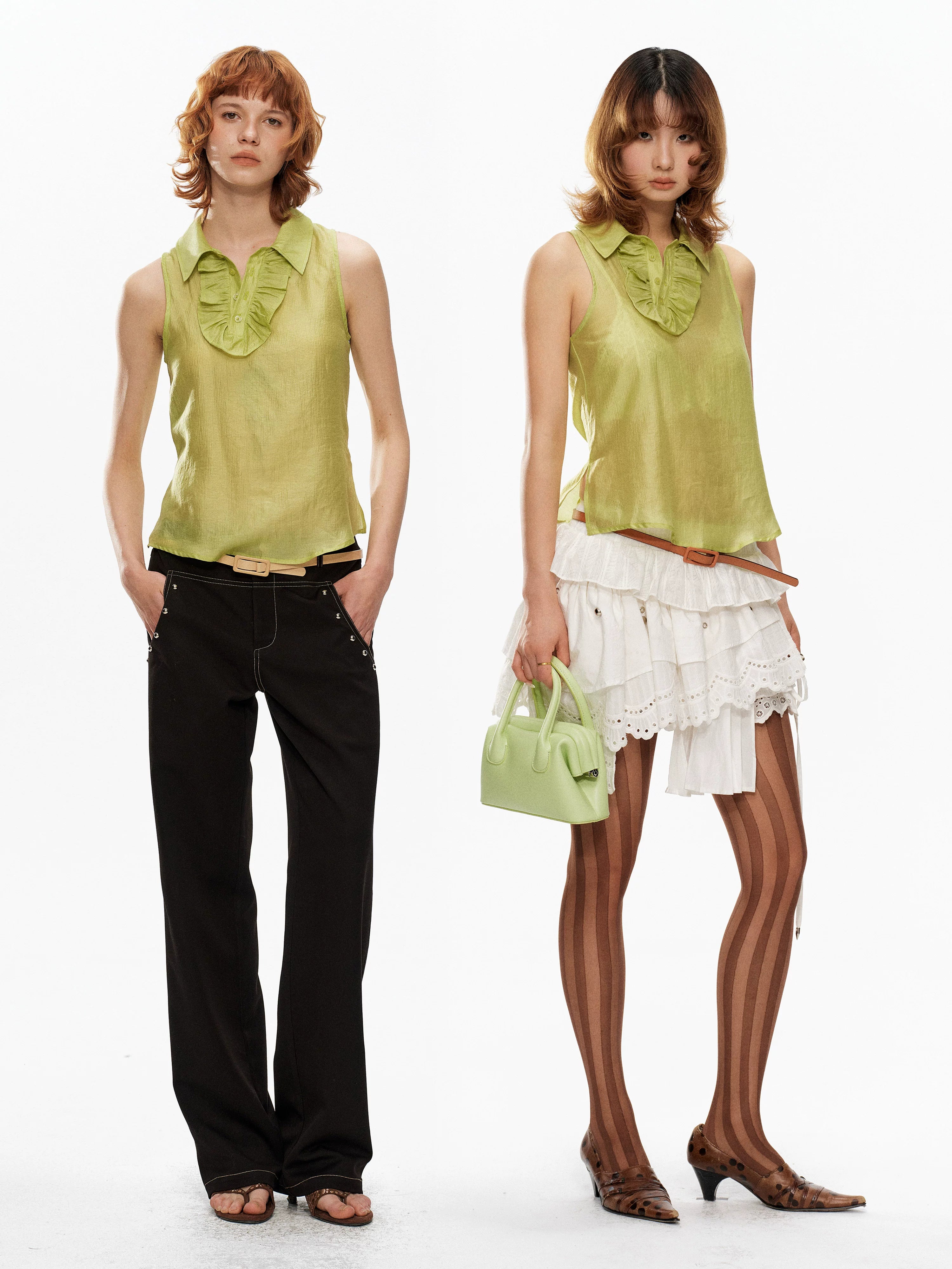 YOSHUYUKI Fruit Green Lace Trim Asymmetrical Placket H Line Women&