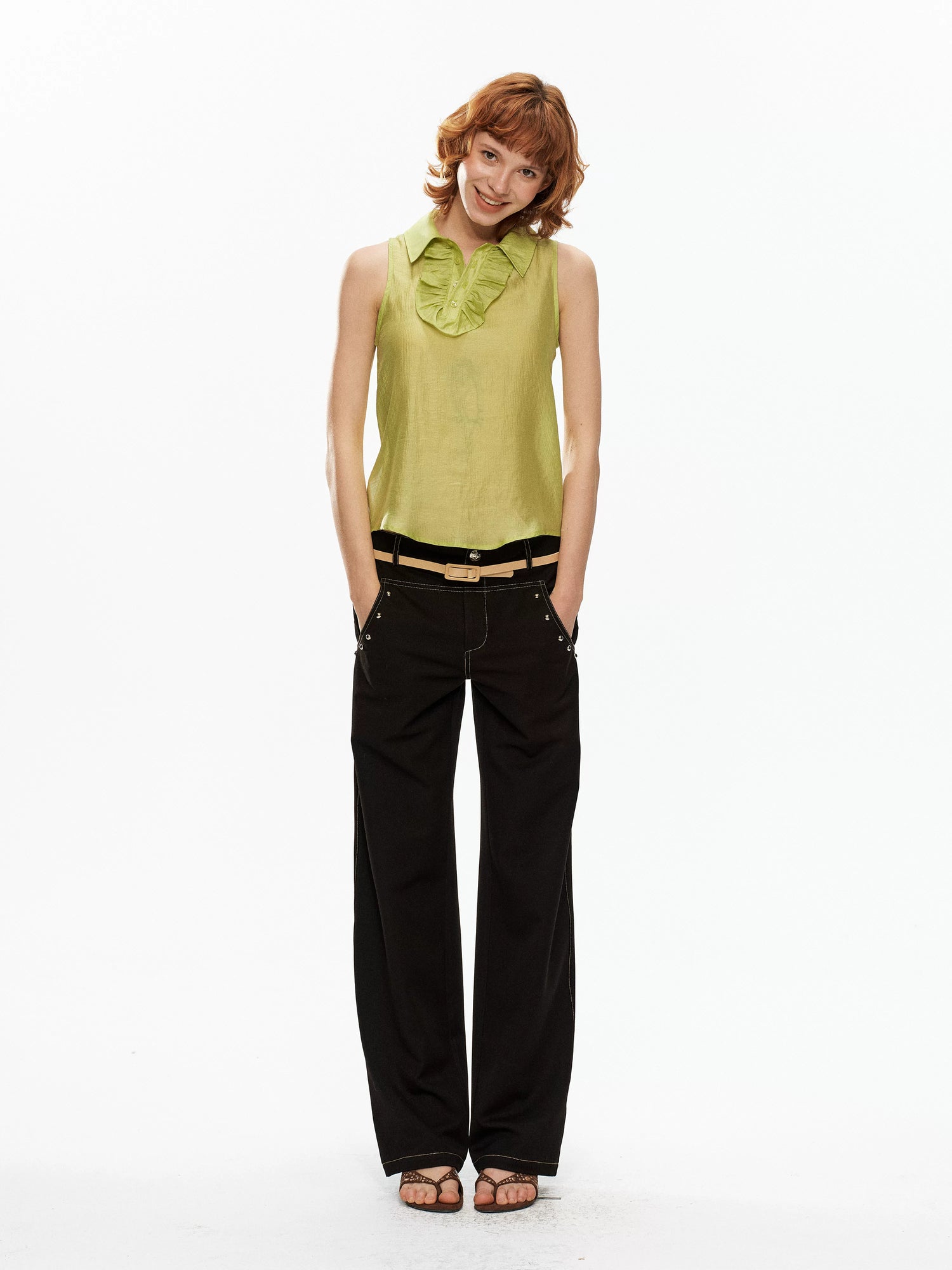 YOSHUYUKI Fruit Green Lace Trim Asymmetrical Placket H Line Women&