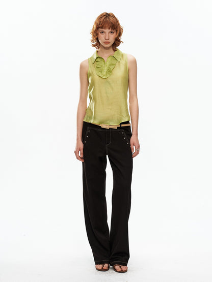 YOSHUYUKI Fruit Green Lace Trim Asymmetrical Placket H Line Women&