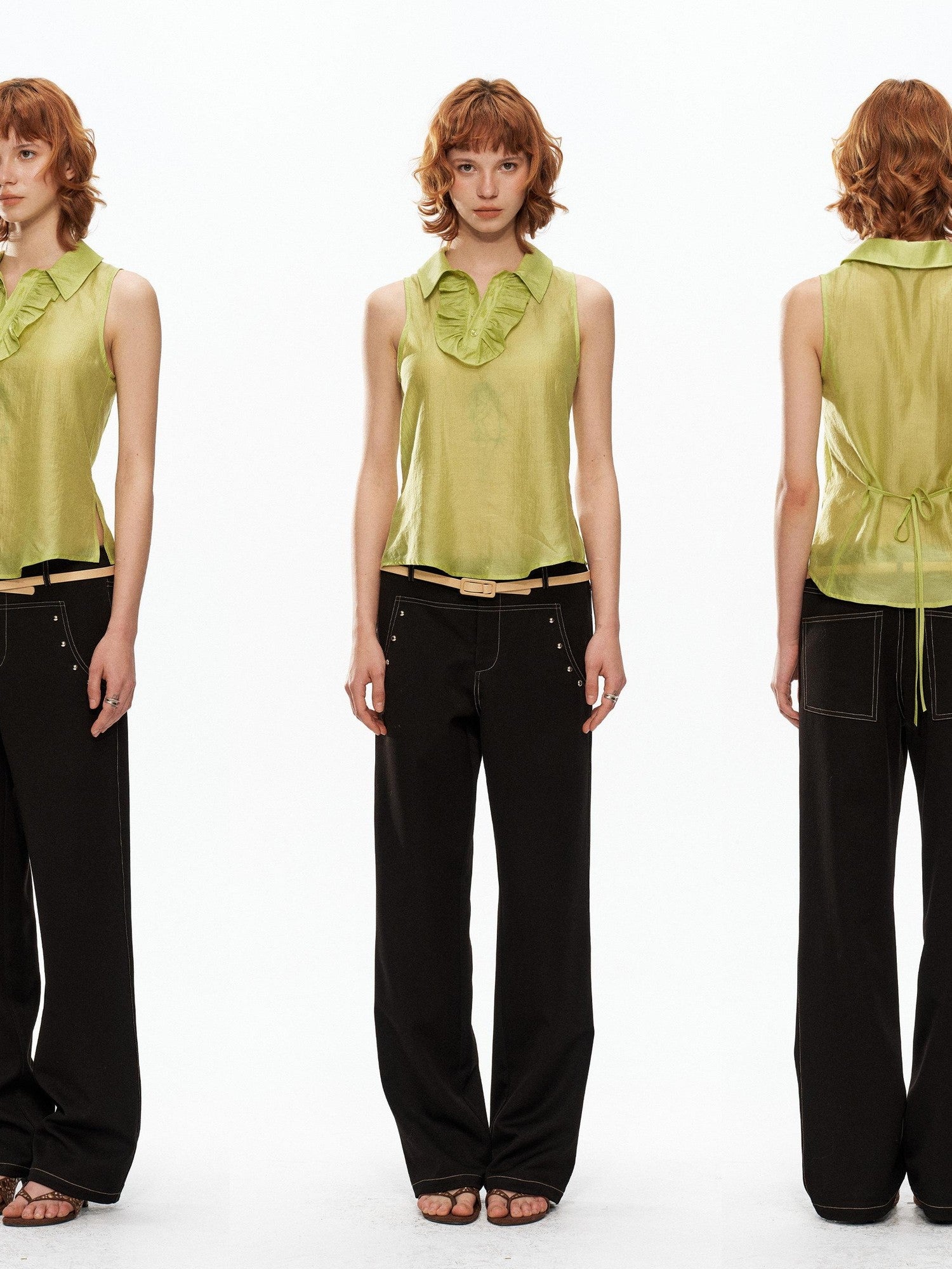 YOSHUYUKI Fruit Green Lace Trim Asymmetrical Placket H Line Women&