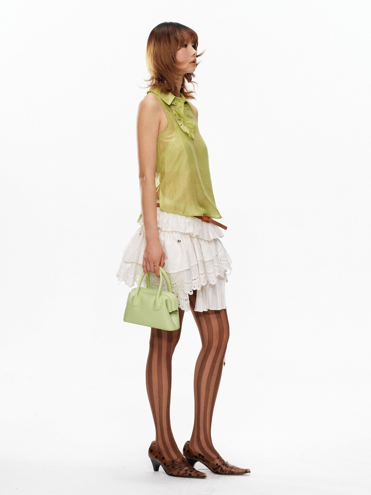 YOSHUYUKI Fruit Green Lace Trim Asymmetrical Placket H Line Women&