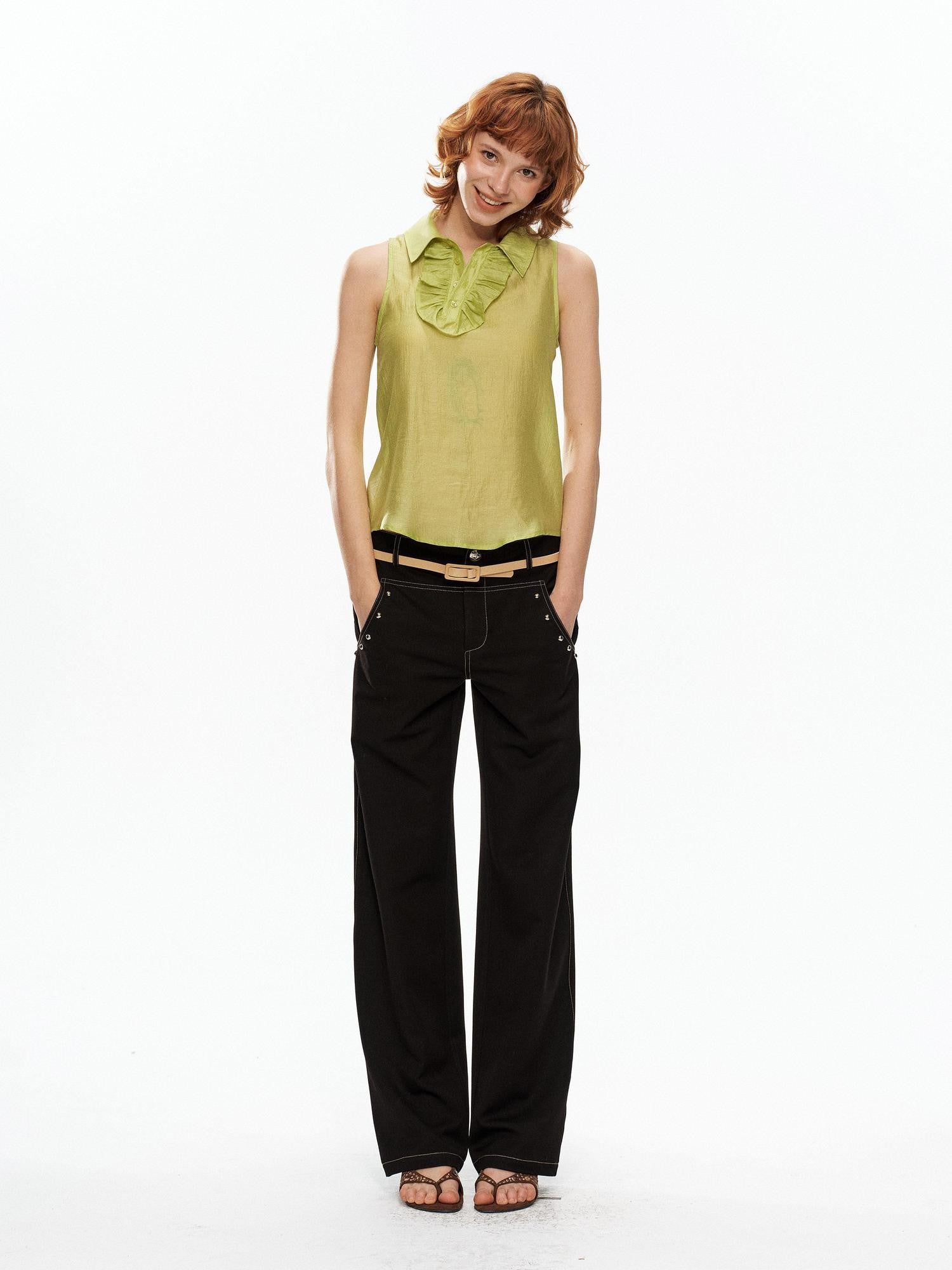 YOSHUYUKI Fruit Green Lace Trim Asymmetrical Placket H Line Women&