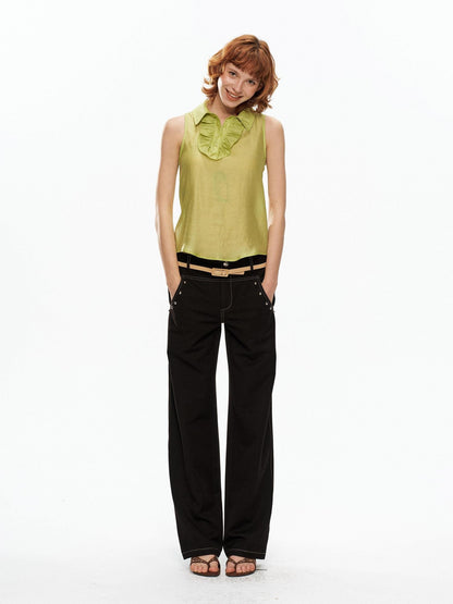 YOSHUYUKI Fruit Green Lace Trim Asymmetrical Placket H Line Women&