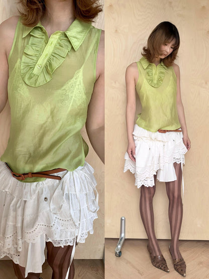 YOSHUYUKI Fruit Green Lace Trim Asymmetrical Placket H Line Women&