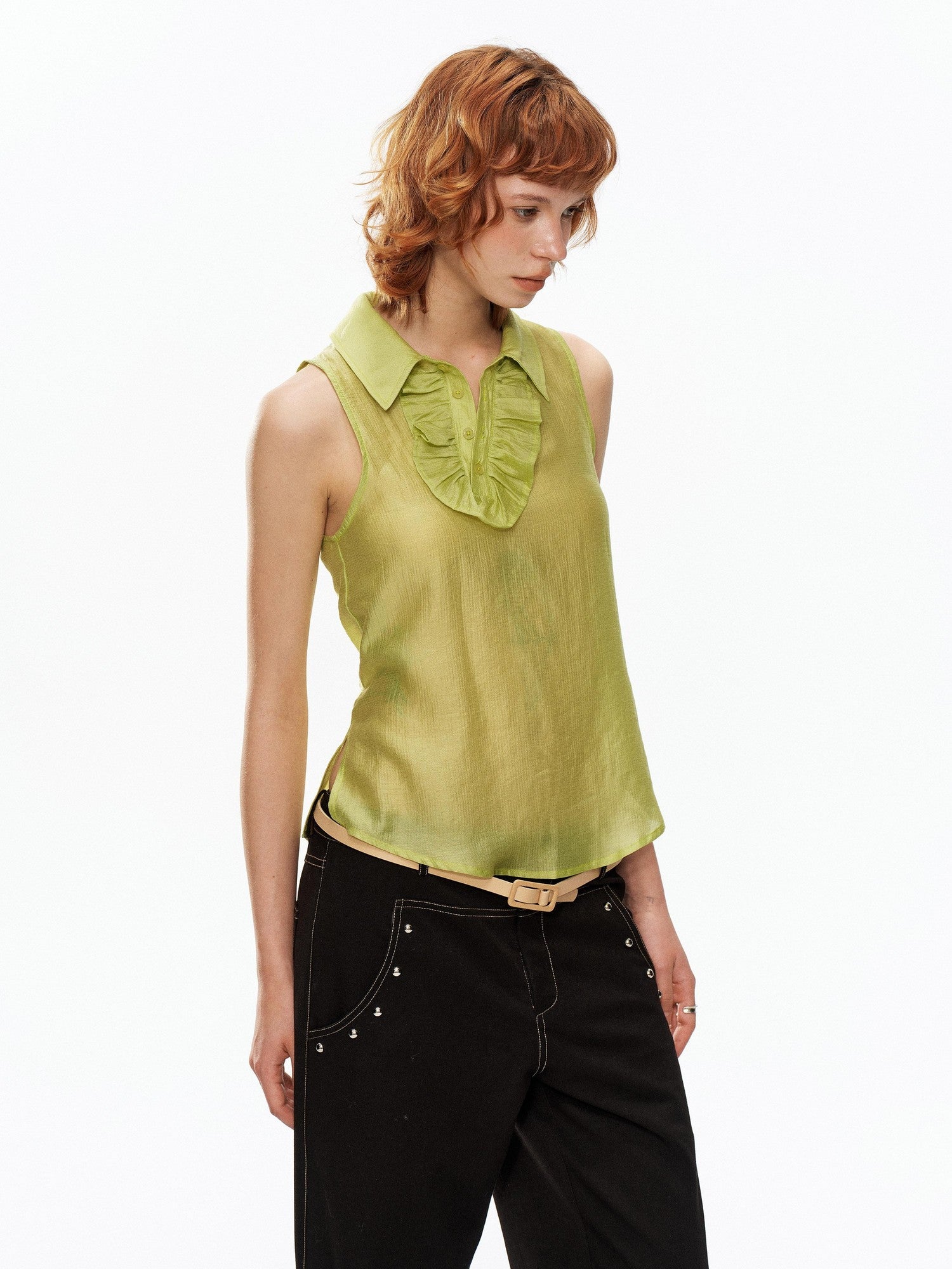 YOSHUYUKI Fruit Green Lace Trim Asymmetrical Placket H Line Women&