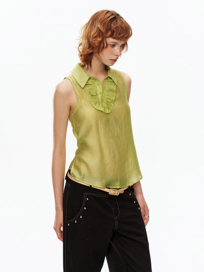 YOSHUYUKI Fruit Green Lace Trim Asymmetrical Placket H Line Women&