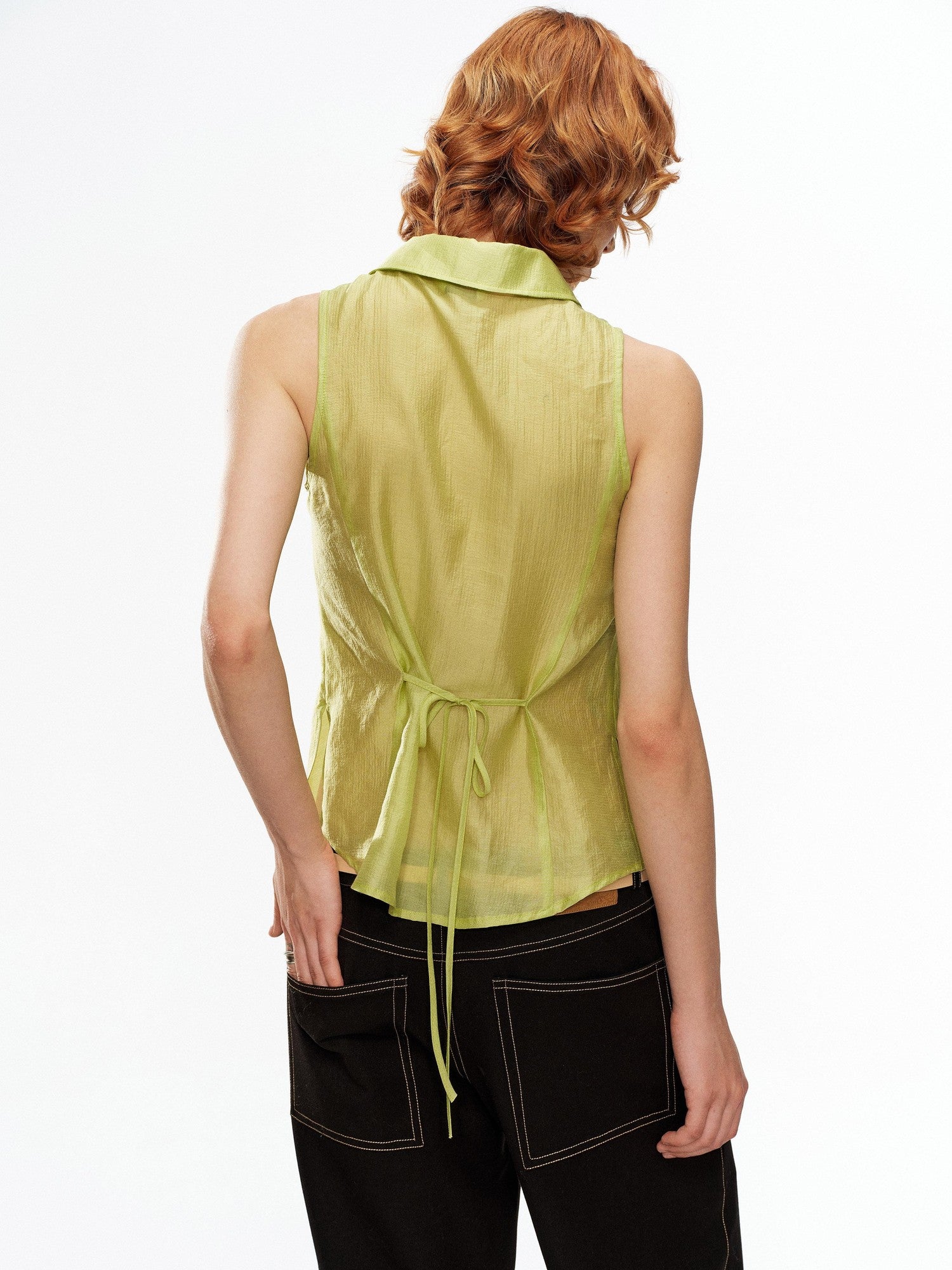 YOSHUYUKI Fruit Green Lace Trim Asymmetrical Placket H Line Women&