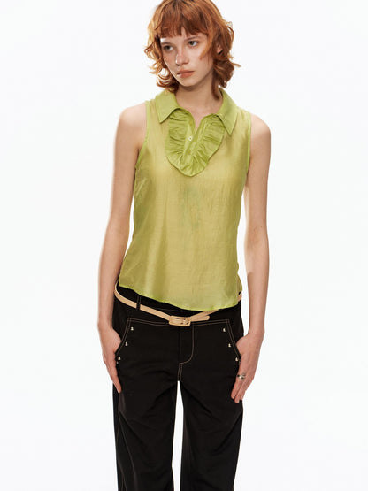 YOSHUYUKI Fruit Green Lace Trim Asymmetrical Placket H Line Women&