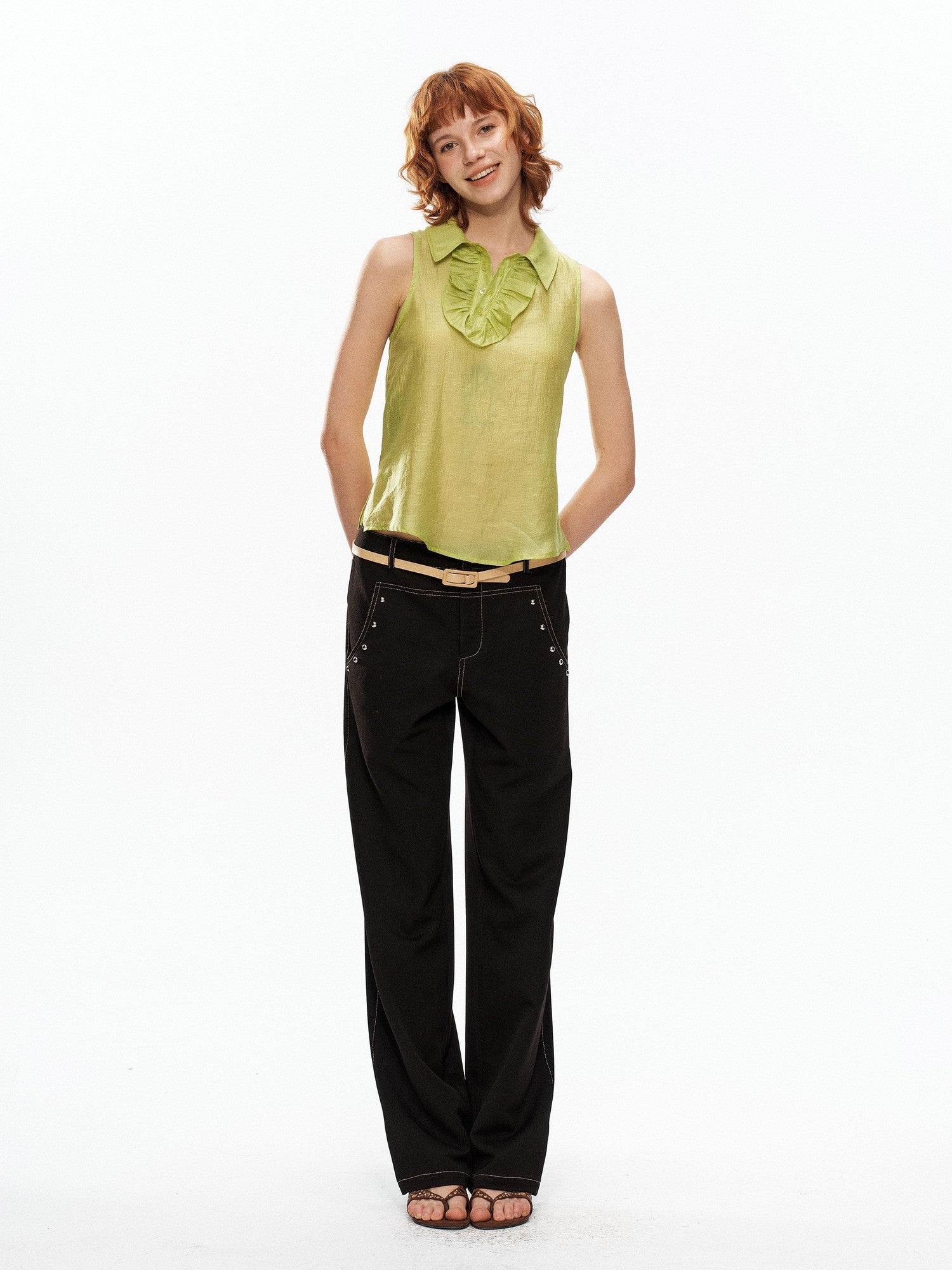YOSHUYUKI Fruit Green Lace Trim Asymmetrical Placket H Line Women&