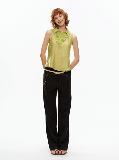 YOSHUYUKI Fruit Green Lace Trim Asymmetrical Placket H Line Women&
