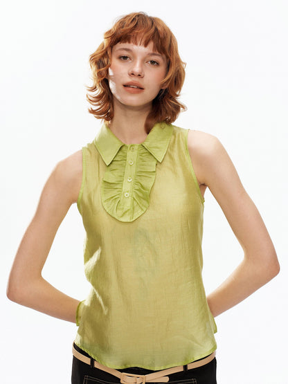 YOSHUYUKI Fruit Green Lace Trim Asymmetrical Placket H Line Women&