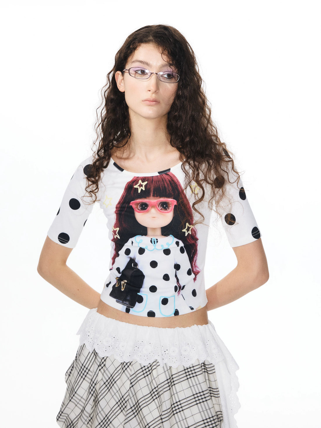 YOSHUYUKI Girlish Diamond Print Raglan Round Neck Women&