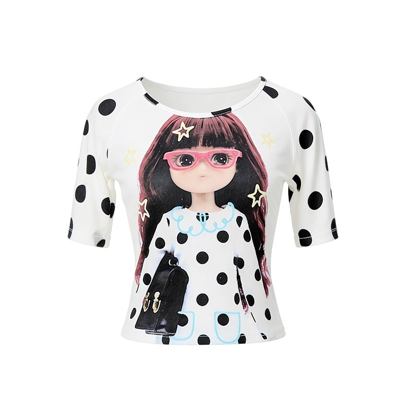 YOSHUYUKI_Girlish_Diamond_Print_Raglan_Round_Neck_Women&