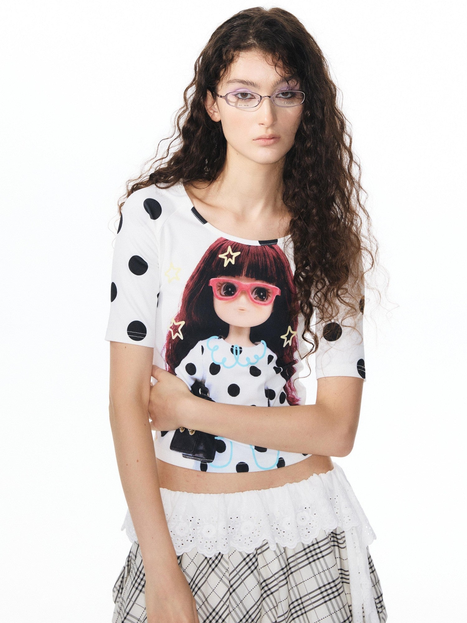 YOSHUYUKI Girlish Diamond Print Raglan Round Neck Women&