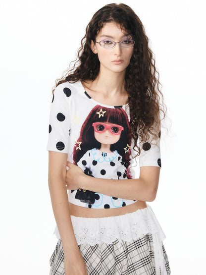 YOSHUYUKI Girlish Diamond Print Raglan Round Neck Women&