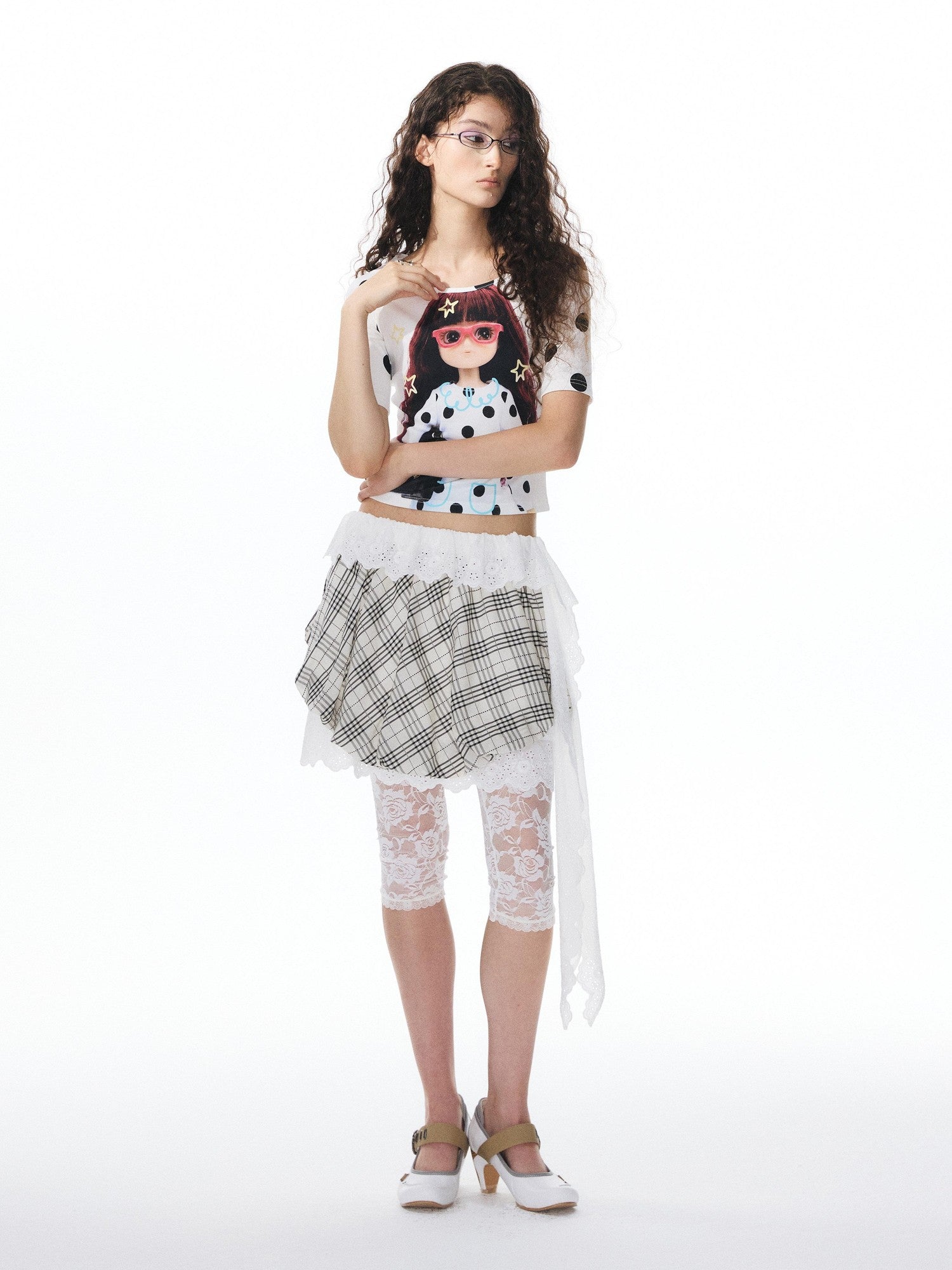 YOSHUYUKI Girlish Diamond Print Raglan Round Neck Women&