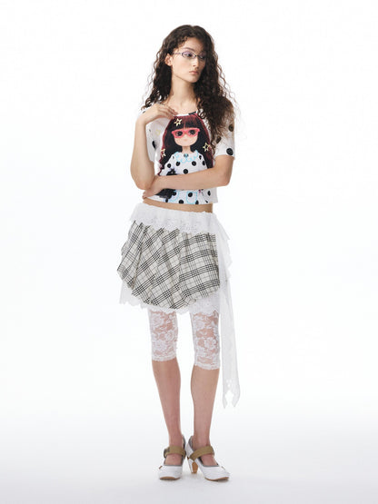 YOSHUYUKI Girlish Diamond Print Raglan Round Neck Women&