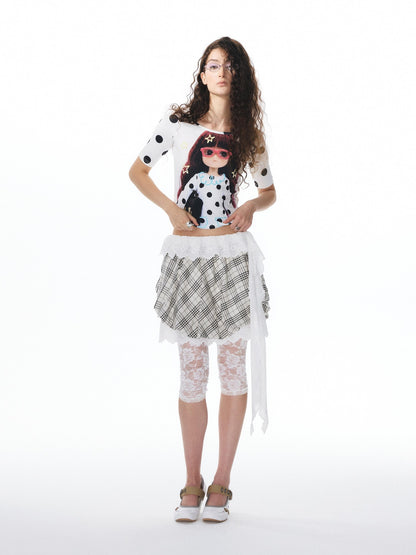 YOSHUYUKI Girlish Diamond Print Raglan Round Neck Women&