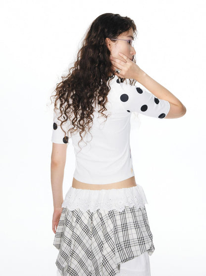 YOSHUYUKI Girlish Diamond Print Raglan Round Neck Women&