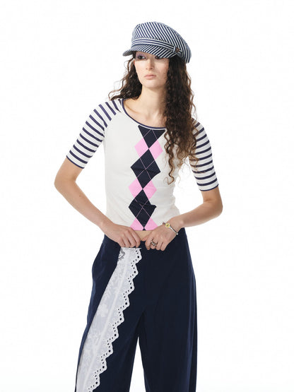 YOSHUYUKI Girlish Diamond Print Raglan Round Neck Women&