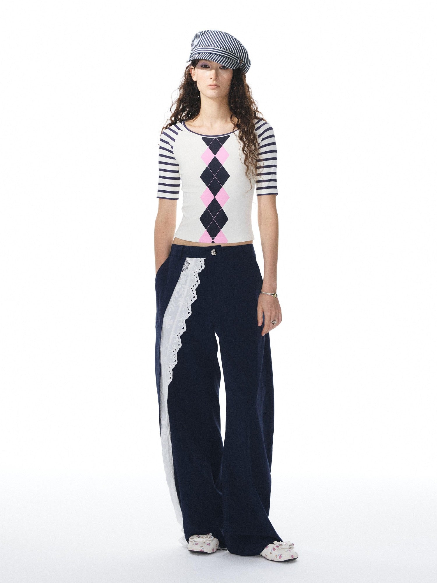 YOSHUYUKI Girlish Diamond Print Raglan Round Neck Women&