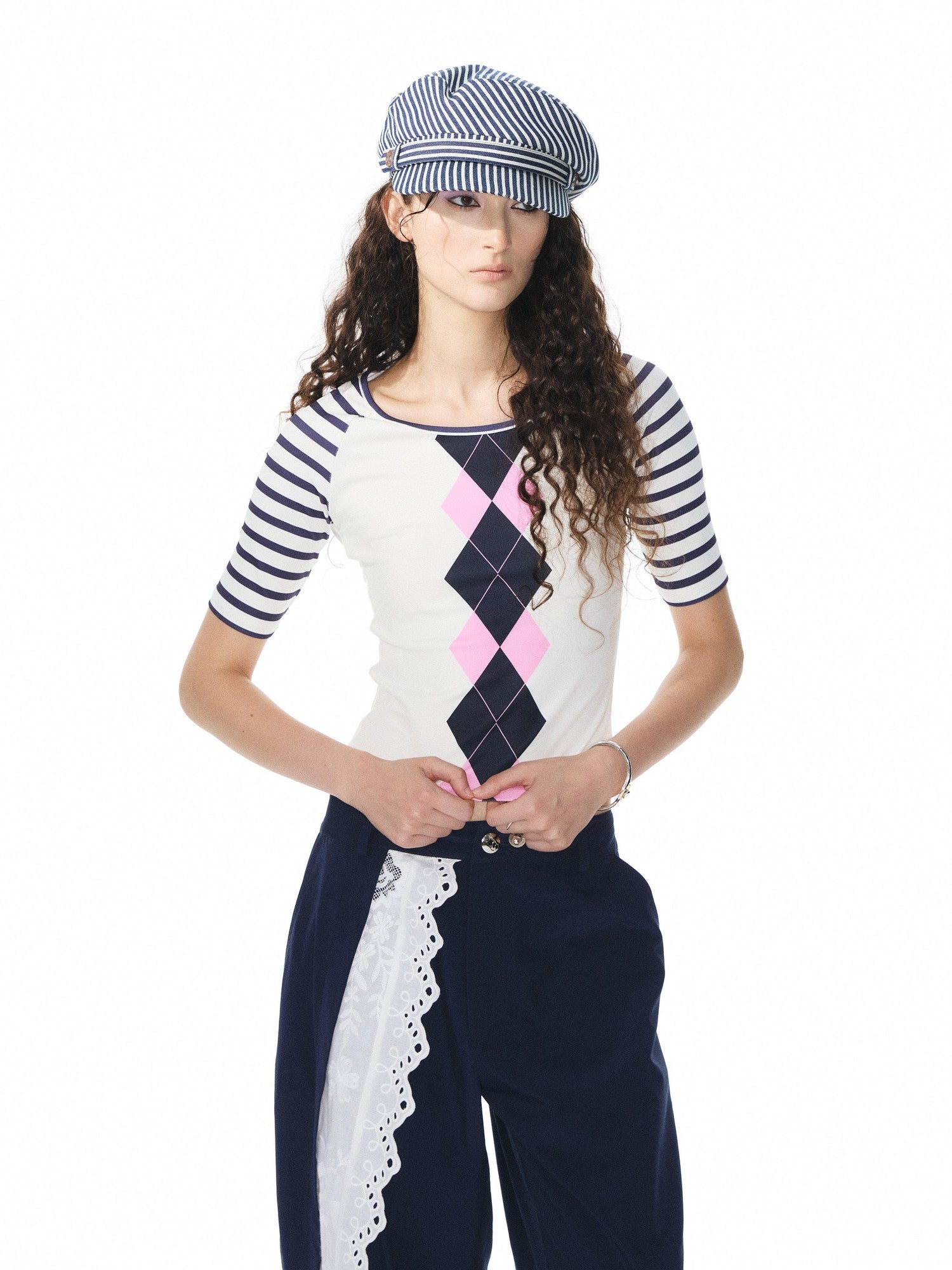 YOSHUYUKI Girlish Diamond Print Raglan Round Neck Women&