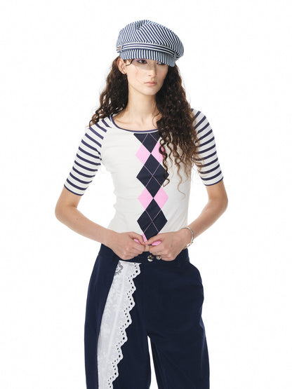 YOSHUYUKI Girlish Diamond Print Raglan Round Neck Women&