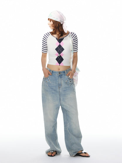 YOSHUYUKI Girlish Diamond Print Raglan Round Neck Women&