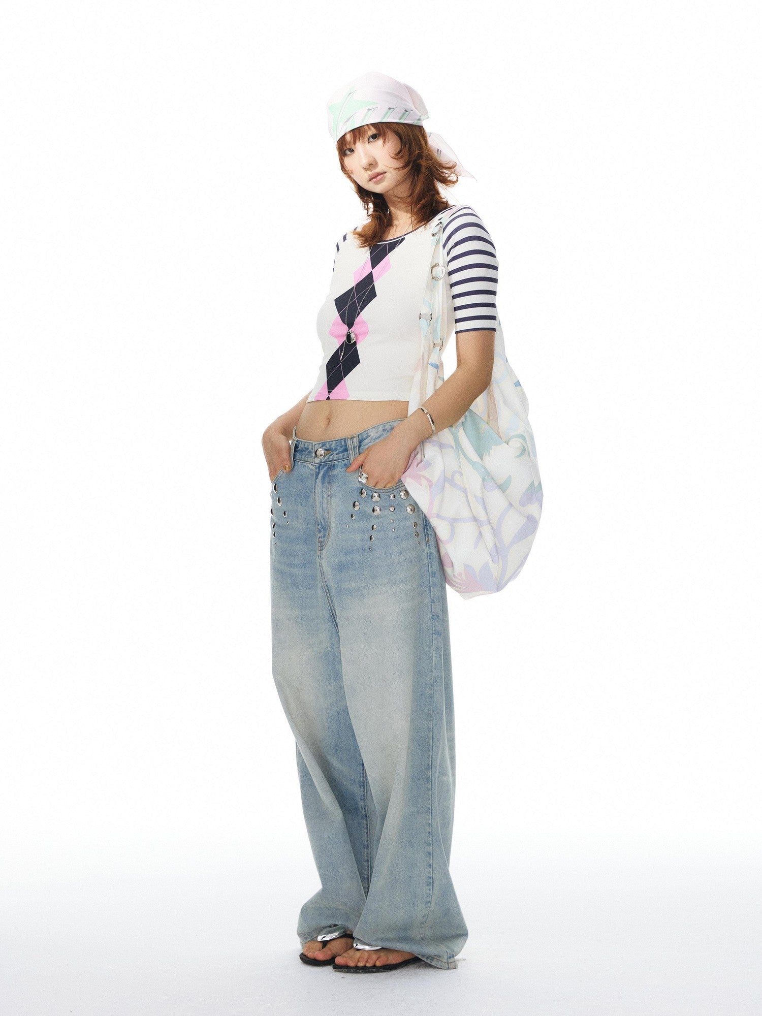 YOSHUYUKI Girlish Diamond Print Raglan Round Neck Women&