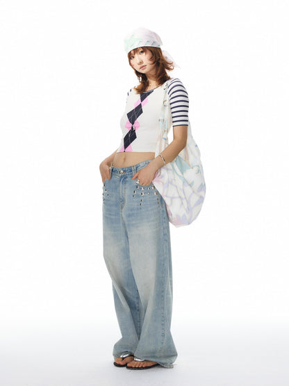 YOSHUYUKI Girlish Diamond Print Raglan Round Neck Women&