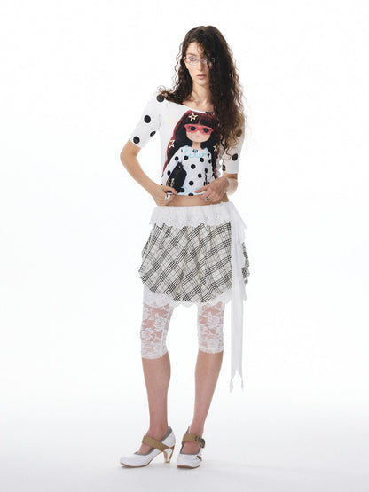YOSHUYUKI Girlish Diamond Print Raglan Round Neck Women&