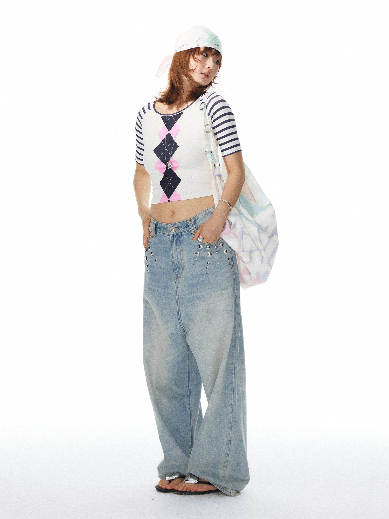 YOSHUYUKI Girlish Diamond Print Raglan Round Neck Women&