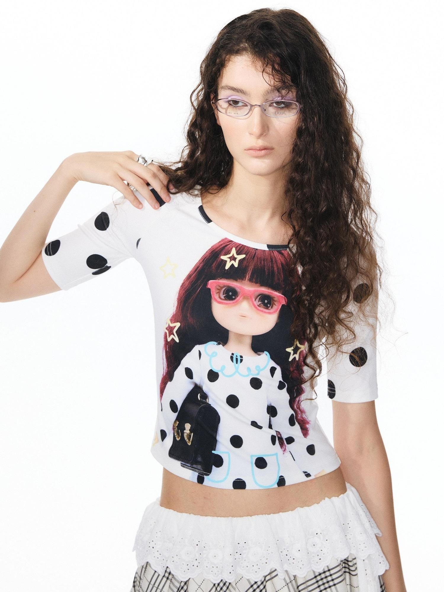 YOSHUYUKI Girlish Diamond Print Raglan Round Neck Women&