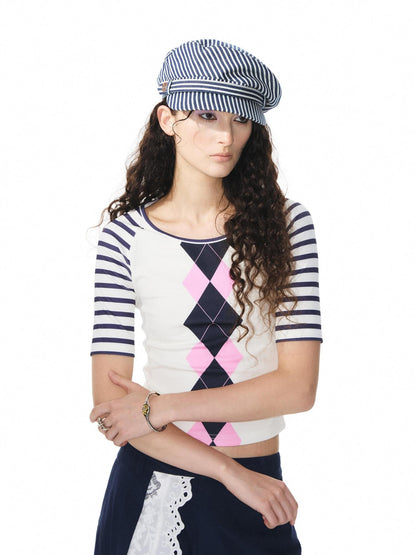 YOSHUYUKI Girlish Diamond Print Raglan Round Neck Women&