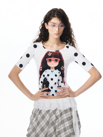 YOSHUYUKI Girlish Diamond Print Raglan Round Neck Women&