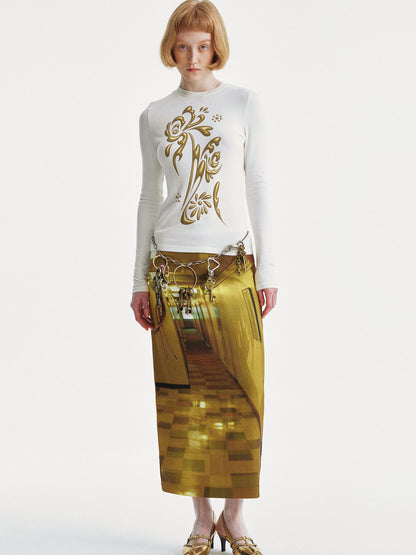 YOSHUYUKI Golden Corridor Print Low Waist Lace Skirt