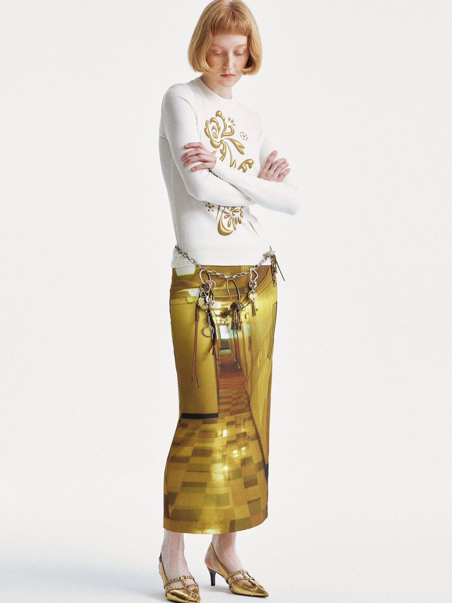 YOSHUYUKI Golden Corridor Print Low Waist Lace Skirt
