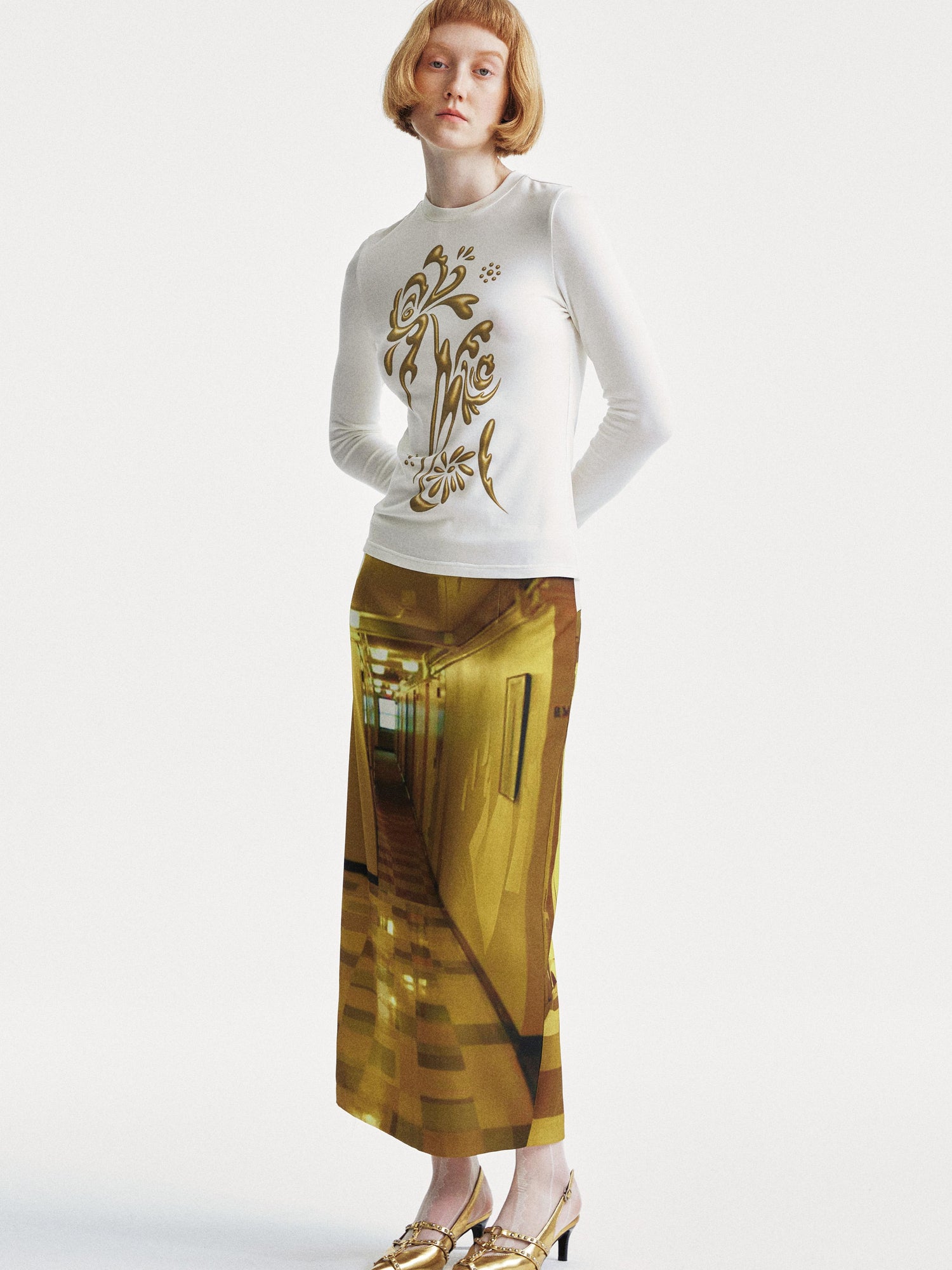 YOSHUYUKI Golden Corridor Print Low Waist Lace Skirt