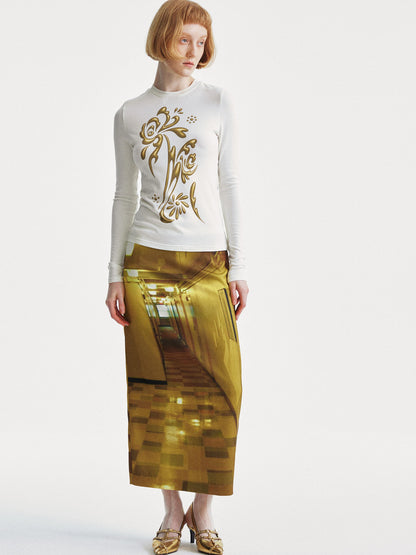 YOSHUYUKI Golden Corridor Print Low Waist Lace Skirt