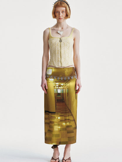 YOSHUYUKI Golden Corridor Print Low Waist Lace Skirt
