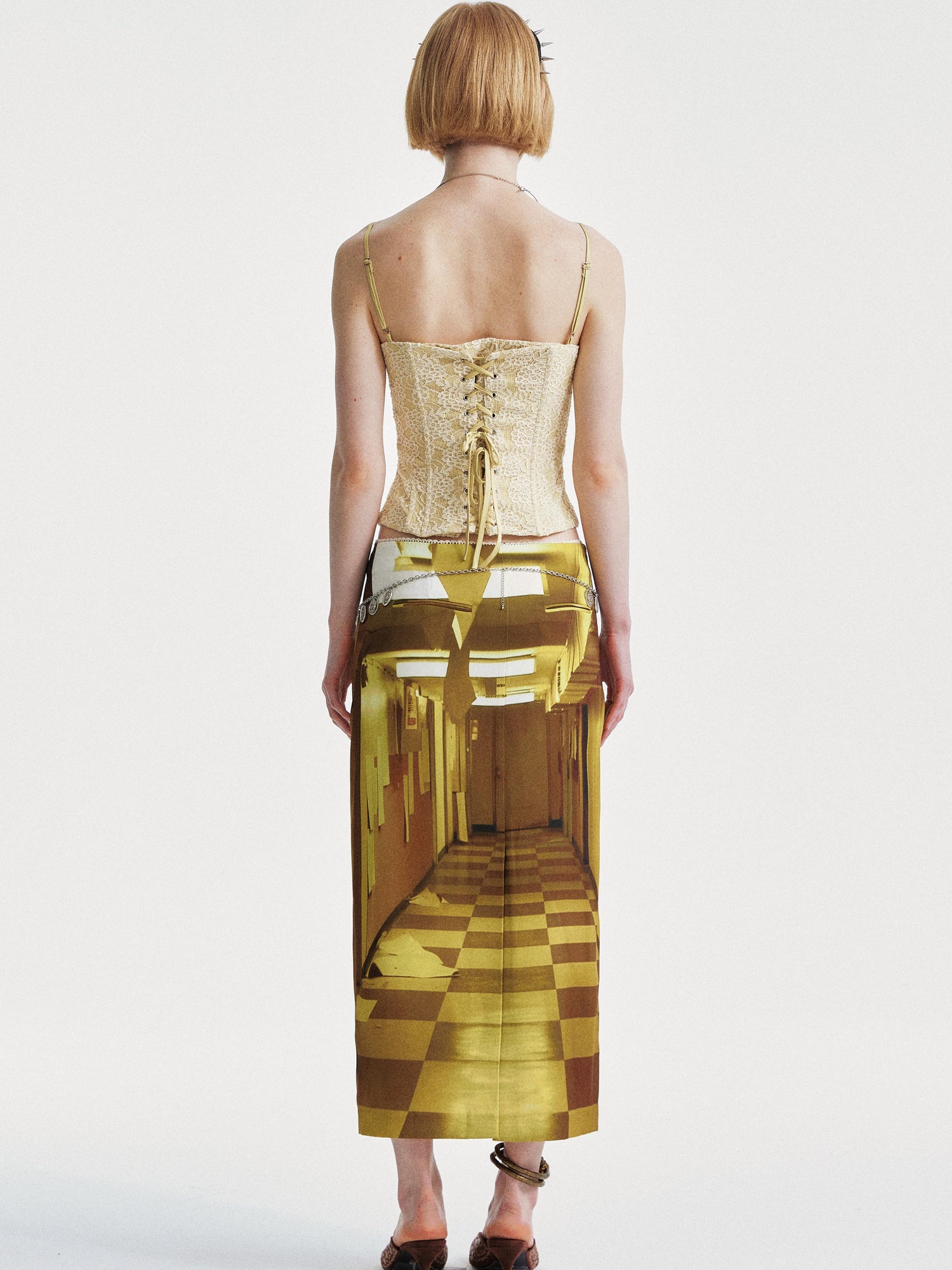 YOSHUYUKI Golden Corridor Print Low Waist Lace Skirt