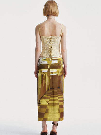 YOSHUYUKI Golden Corridor Print Low Waist Lace Skirt