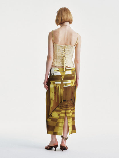 YOSHUYUKI Golden Corridor Print Low Waist Lace Skirt